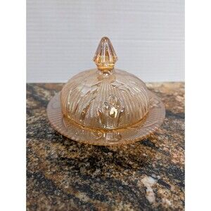 Vtg 6" Butter Dish Jeanette Glass Iris Herringbone Marigold Iridescent Carnival